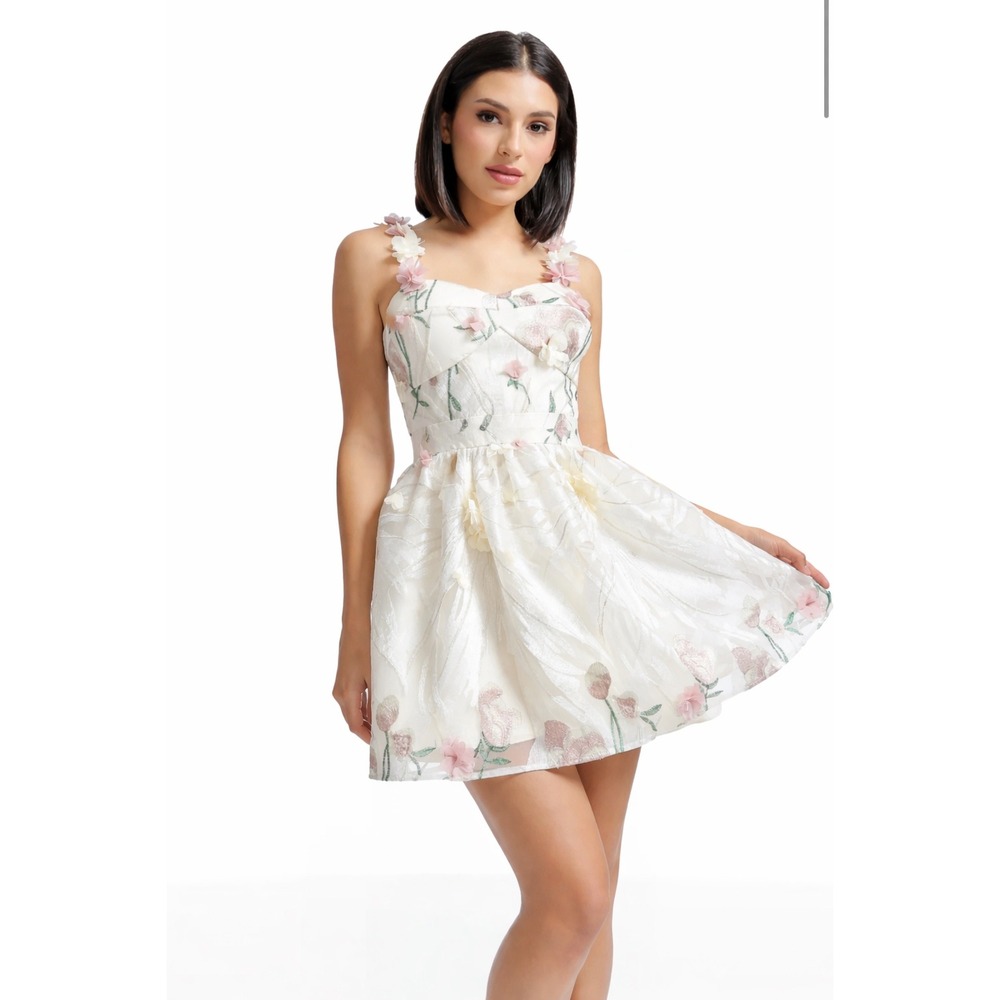 New! Dress the Population Darby Floral Mini Dress White Multi Sz Small